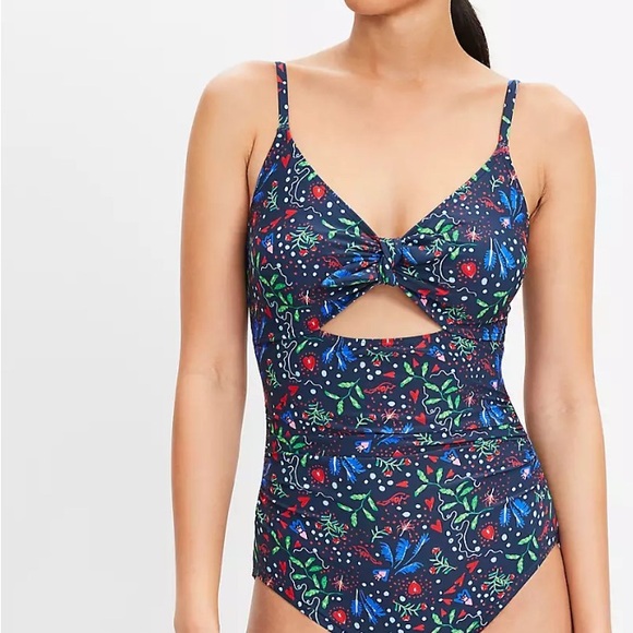 LOFT Other - LOFT Beach Tropical Front Tie Keyhole One Piece Swimsuit Deep Space Blue NWT $99